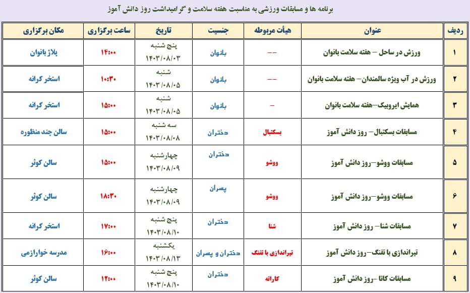 برنامه ها و مسابقات ورزشی به مناسبت گرامیداشت هفته سلامت و روز دانش آموز