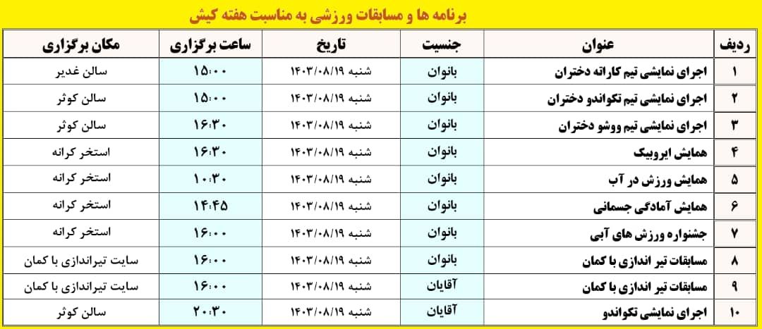 برنامه مسابقات به مناسبت هفته کیش 1403